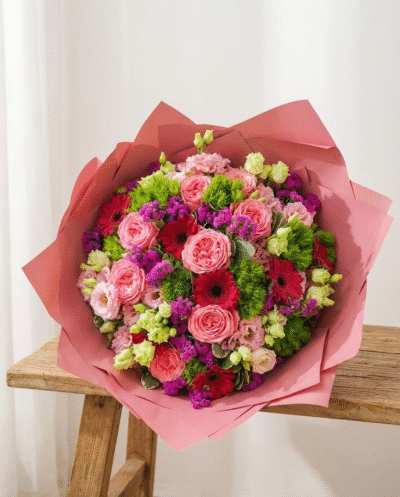 Bukiet Księżniczki w różowym papierze.Poczta Kwiatowa Warszawa