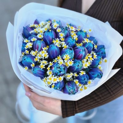 Bukiet "Błękitne Pole"- niebieskie tulipany i rumianekKwiaciarnia Kwiatowe Królestwo Warszawa