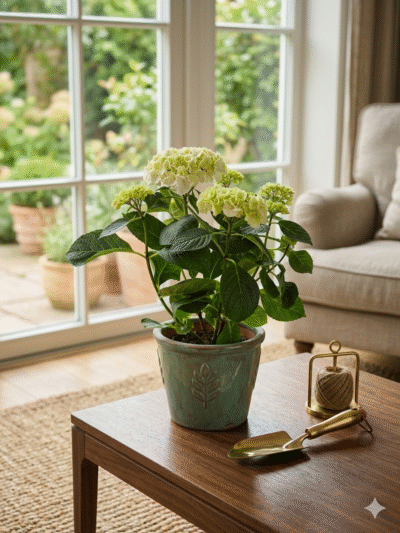 Oto propozycja opisu zdjęcia przygotowanego z myślą o SEO, z zachowaniem przejrzystej struktury i użyciem emotikon. Opis jest zoptymalizowany pod kątem słów kluczowych związanych z wystrojem wnętrz, roślinami doniczkowymi i stylem rustykalnym/vintage. *** # 🌿 Urocza Kompozycja Wnętrzarska: Hortensja w Stylu Vintage 🌿 Odkryj magię naturalnego piękna zatrzymaną w jednym kadrze! Ta starannie zaaranżowana fotografia to gotowa inspiracja dla każdego miłośnika zieleni i stylowych wnętrz. ## 🌟 Główne Słowa Kluczowe (SEO) * **Hortensja doniczkowa** (Hydrangea) * Styl **vintage** / **rustykalny** * **Rośliny do salonu** * Dekoracje z mosiądzu * Stół z orzecha włoskiego * Wnętrze z widokiem na ogród --- ## 🔥 Szczegółowy Opis Aranżacji Obraz przedstawia harmonijną i przytulną scenę we wnętrzu, łączącą świeżość natury z elegancją klasycznych mebli. ### 🌸 Punkt Centralny: Hortensja W sercu kompozycji znajduje się przepiękna **hortensja** o bujnych, zielonych liściach. Roślina obsypana jest licznymi kwiatostanami w delikatnych odcieniach kremowej bieli i subtelnej, limonkowej zieleni. Hortensja prezentuje się zdrowo i świeżo, stanowiąc naturalny akcent kolorystyczny. ### 🏺 Stylowa Donica Roślina została umieszczona w wyjątkowej, ozdobnej osłonce. Donica ma **rustykalny charakter** i wykonana jest z ceramiki w kolorze patynowanego turkusu (zieleni morskiej). Zdobi ją wypukły motyw roślinny (liść) oraz geometryczne wzory, co nadaje jej unikalny wygląd w stylu **vintage**. ### ✨ Dekoracyjne Akcenty (Szczegóły SEO) Na orzechowym stole, obok donicy, spoczywają dwa eleganckie przedmioty z polerowanego **mosiądzu**: * 🍴 **Złota łopatka ogrodnicza**: Ozdobny, funkcjonalny detal, idealny do przesadzania małych roślin. * 🧶 **Mosiężny stojak na sznurek**: Z ozdobnym uchwytem i kłębkiem naturalnego sznurka jutowego. Te akcesoria podkreślają ogrodniczy motyw aranżacji. --- ## ✅ Tło i Atmosfera Kompozycja jest ustawiona na solidnym stole z ciemnego drewna orzechowego. Pod stołem widoczna jest tekstura dywanu z naturalnego **juty**, który dodaje wnętrzu przytulności. ### 🏡 Otoczenie Wnętrza W tle znajduje się duże, jasne **okno balkonowe** ze szprosami, przez które wpada naturalne światło dzienne. Widok za oknem to bujny, zielony **ogród**, tworzący płynne przejście między wnętrzem a naturą. Po prawej stronie kadru stoi tapicerowany, beżowy **fotel** (uszek), zachęcający do relaksu w tym zielonym zakątku. --- ## 🏆 Dlaczego Ta Kompozycja Zachwyca? * **Harmonia Kolorów**: Połączenie głębokiej zieleni, kremowej bieli, patynowanego turkusu i ciepłego złota mosiądzu. * **Mieszanka Tekstur**: Gładkie liście, szorstka ceramika, ciepłe drewno, lśniący metal i naturalna juta. * **Ponadczasowy Styl**: Idealny przykład aranżacji w stylu **modern farmhouse** lub **vintage chic**. *** *Ten opis został stworzony z myślą o maksymalnej widoczności w wyszukiwarkach, przy jednoczesnym zachowaniu atrakcyjności dla czytelnika.*Poczta Kwiatowa Warszawa