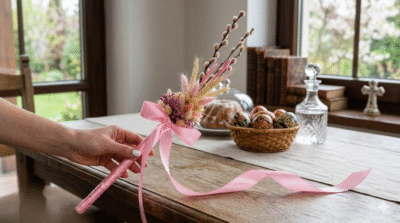 Delikatna kompozycja łącząca naturalne bazie i kłosy zbóż z akcentami w odcieniu pudrowego różu. Całość zwieńczona elegancką, satynową wstążką – idealna dla osób ceniących estetykę w stylu glamour.Kwiaciarnia Warszawa