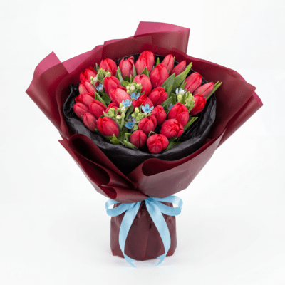 Bukiet czerwonych tulipanów z niebieskim oxypetalum.Kwiaty Warszawa