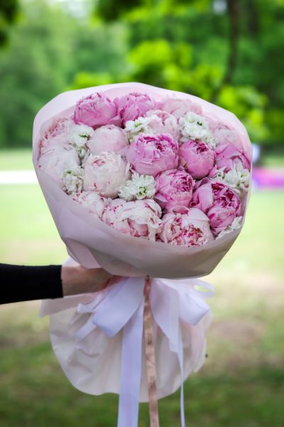 Bukiet "Pure Bloom" z sezonowych peonii i lewkonii.Kwiaty Warszawa